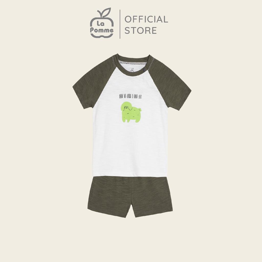 Bộ đồ cộc tay La Pomme Raglan cún nhỏ - Xanh rêu