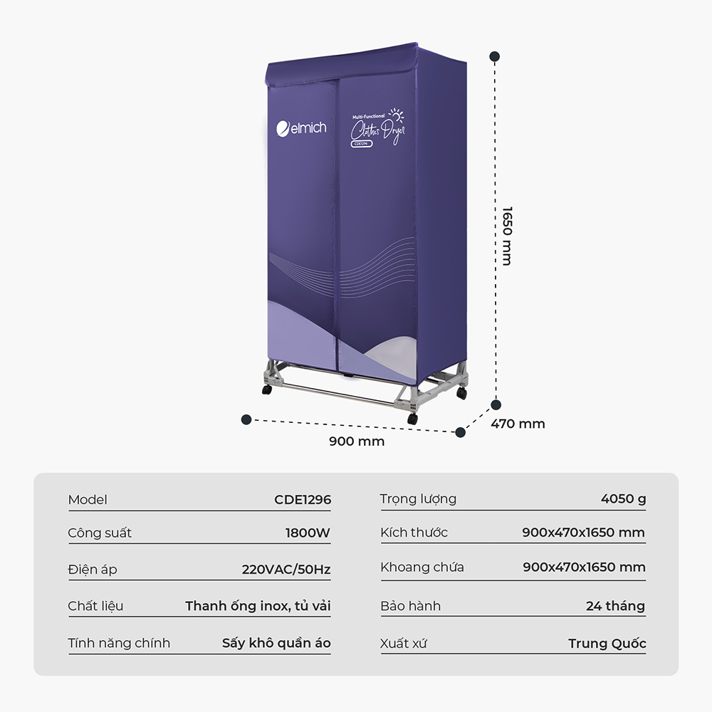 Tủ Sấy Quần Áo Elmich CDE1296, Hàng Chính Hãng, Chịu Tải 25kg, Thiết Kế 2 Tầng - JoyMall