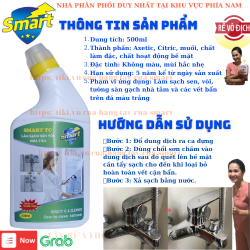 Tẩy rửa thông minh SMART-TC (300ml) : Tẩy cặn canxi Sen Vòi,Vết Mờ Đục Và Vết Bẩn Cứng Đầu Bám Trên Sen, Vòi Inox, Bồn Rửa Bát Inox - Chai cải tiến mới, tiện lợi cho người sử dụng