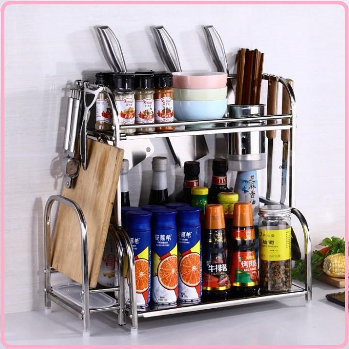 Re0610. 3 Kệ đựng gia vị inox 2 tầng có ngăn để thớt - Kệ gia vị 2 tầng