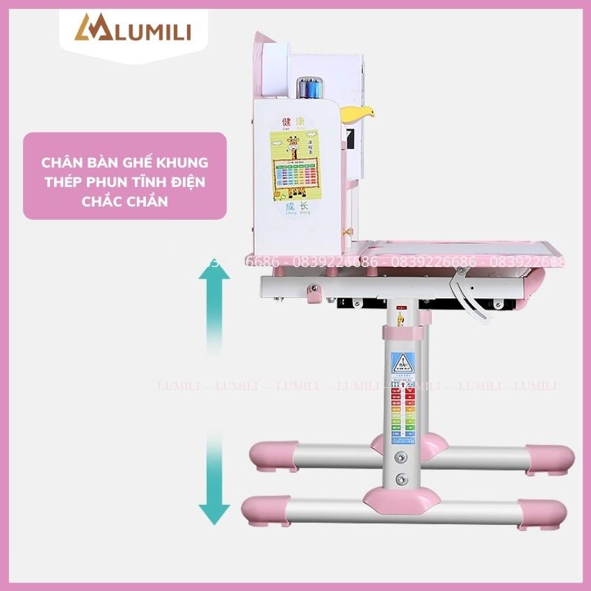 Bàn ghế học sinh Lumili R16 có giá sách, bộ bàn học chống gù thông minh kèm kệ sách cho trẻ em điều chỉnh nâng hạ độ cao
