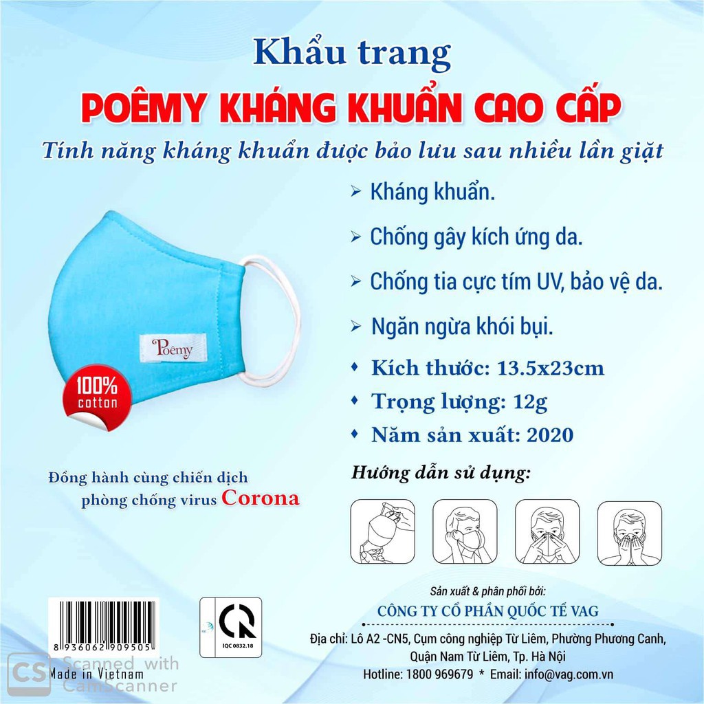 Khẩu trang cao cấp POÊMY 2 lớp cotton kháng khuẩn, ôm sát mặt, mềm mịn, không bí, không gây kích ứng da