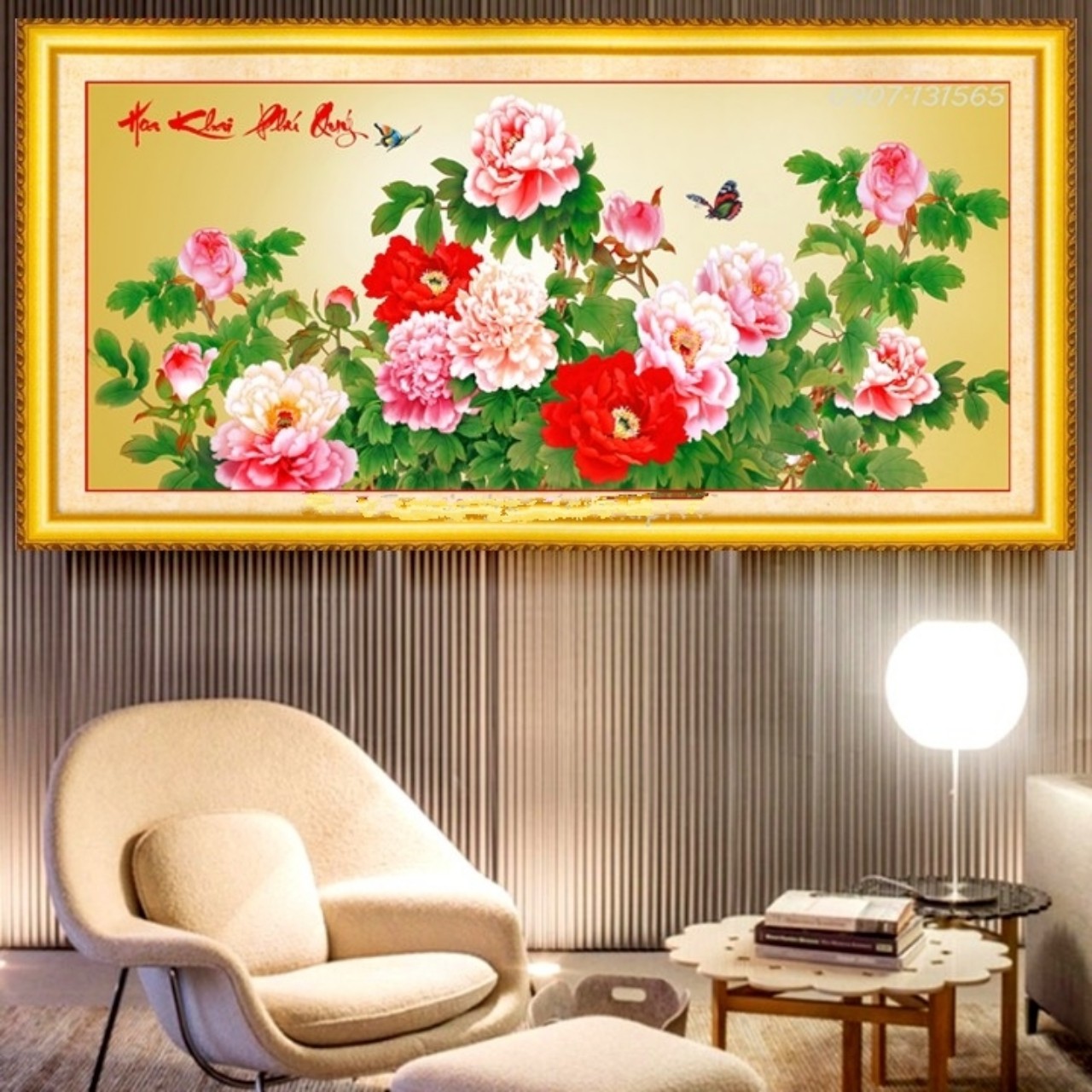 Tranh đính đá Hoa khai phú quý 160x76cm - chưa đính