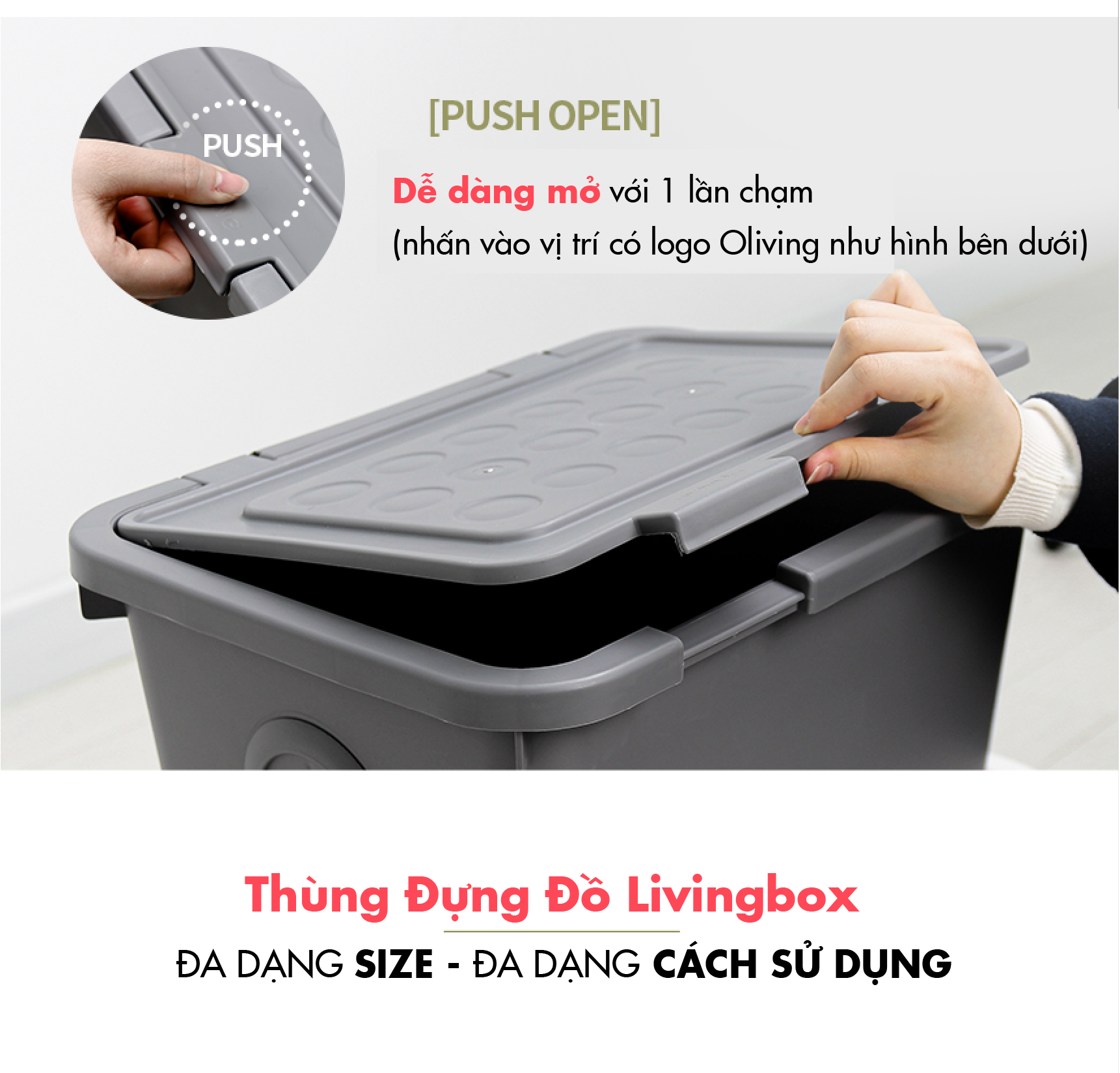 Thùng nhựa đựng đồ size to có nắp gài Ollyhome phong cách hiện đại - Thùng nhựa có nắp đựng đồ chơi trẻ em Thùng đựng chăn màn bảo quản chống bụi