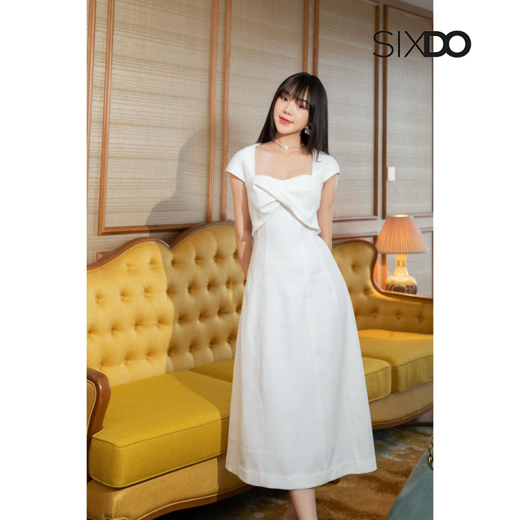 Đầm trắng midi ngắn tay xoắn ngực thời trang SIXDO