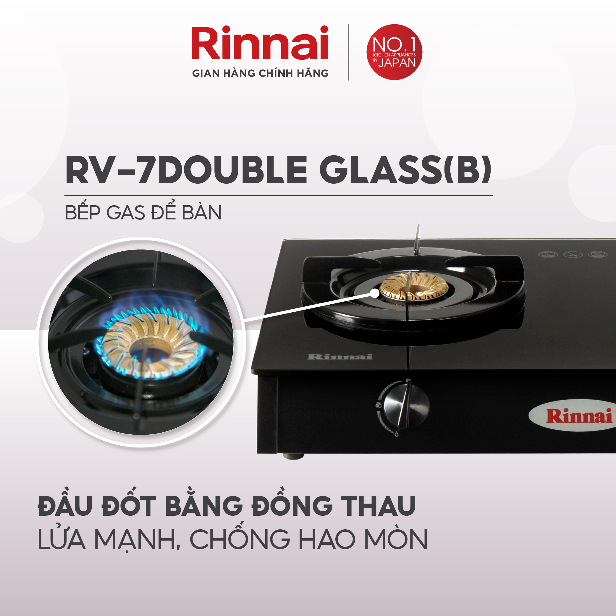 Bếp gas dương Rinnai RV-7Double Glass(B) mặt bếp kính và kiềng bếp men - Hàng chính hãng.