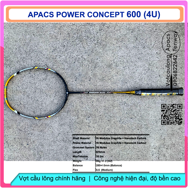 Vợt cầu lông Apacs Power Concept 600 (4U) – Dòng vợt cân bằng công thủ ổn định, thích hợp đánh phong trào