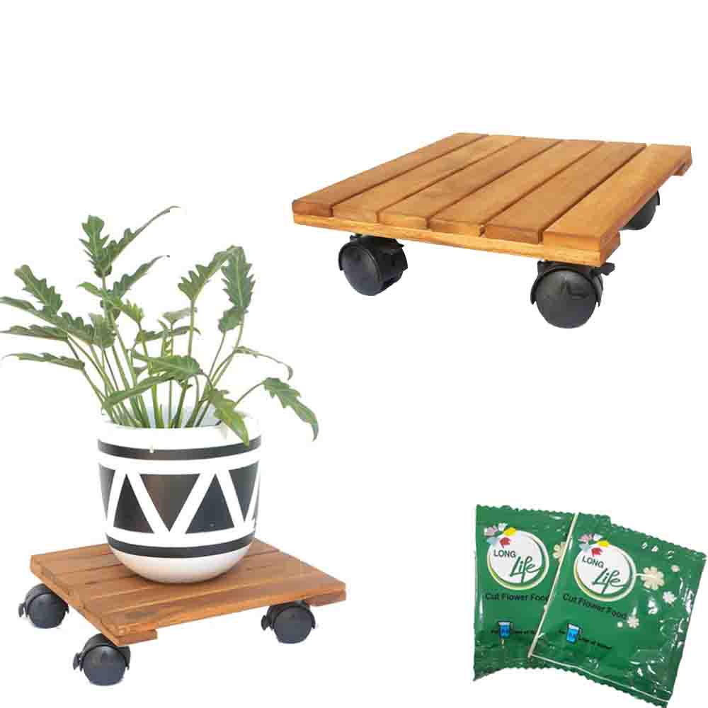 COMBO 2 Đế Lót Chậu Cây có bánh xe GREENHOME- Chậu Hoa bằng gỗ Tự Nhiên -Có bánh xe (Vuông-Vàng) Đường Kính 30cm - Tải trọng 80kg-TẶNG HAI GÓI DƯỠNG HOA TƯƠI LÂU