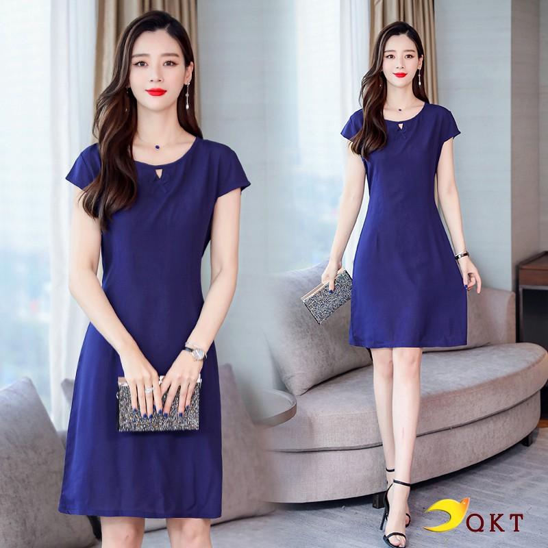 Đầm suông màu xanh đen trơn thắt eo da155