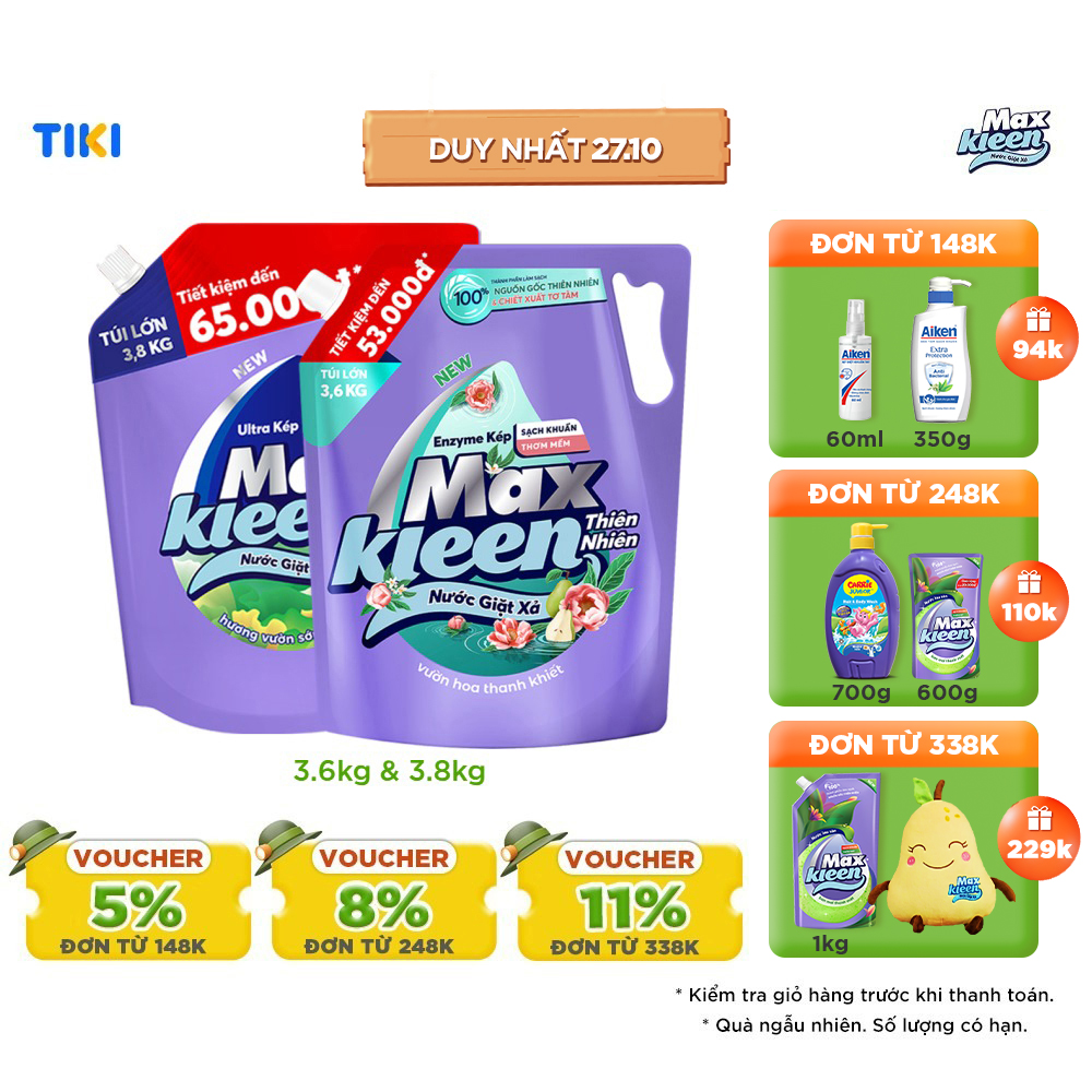 Combo Túi Nước Giặt Xả MaxKleen Thiên Nhiên 3.6kg & Túi Giặt Xả Hương Vườn Sớm Mai 3.8kg