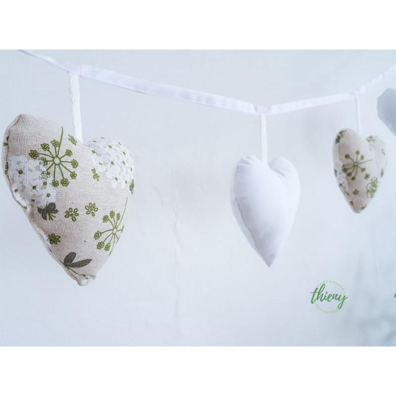 Dây trái tim vải cotton kaki xịn, may đẹp - trang trí, Decor, Sinh nhật, màu trắng hoa cẩm tú cầu