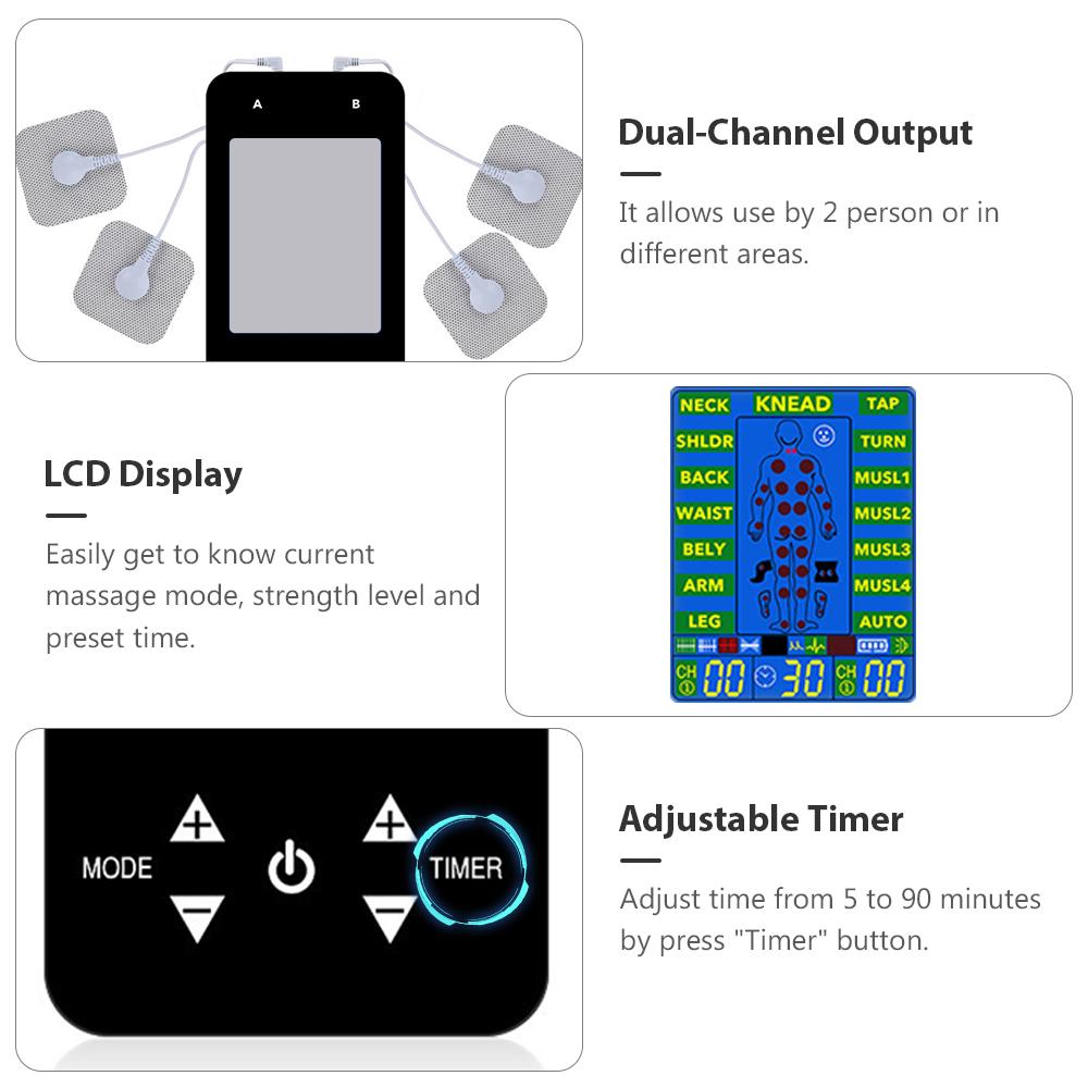 Compact Dual-Channel Pulse Massager TENS&EMS Muscle Stimulator Unit 15 Massage Modes 40 Strength Levels Adjustable Timer