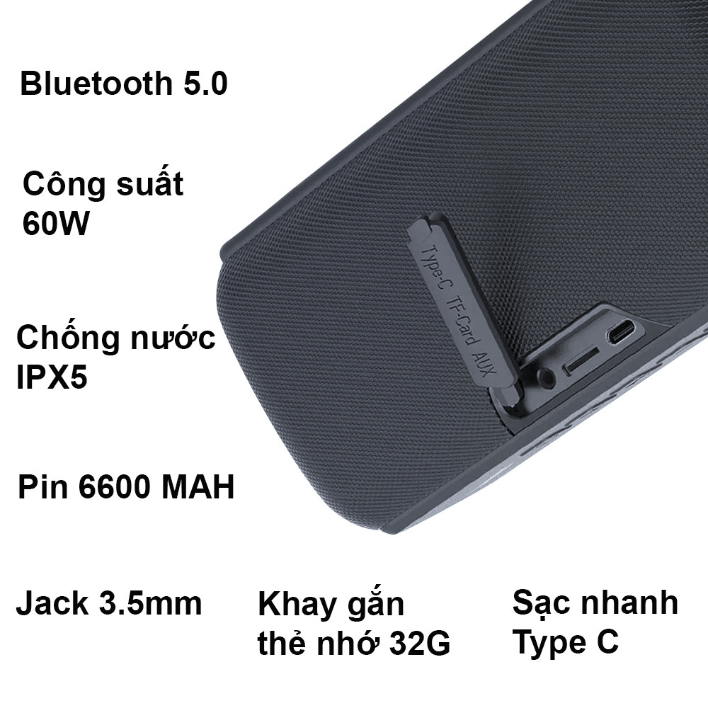 Loa Không Dây 60W, Bluetooth 5.0, Loa siêu trầm, Chống Nước - Hàng Chính Hãng