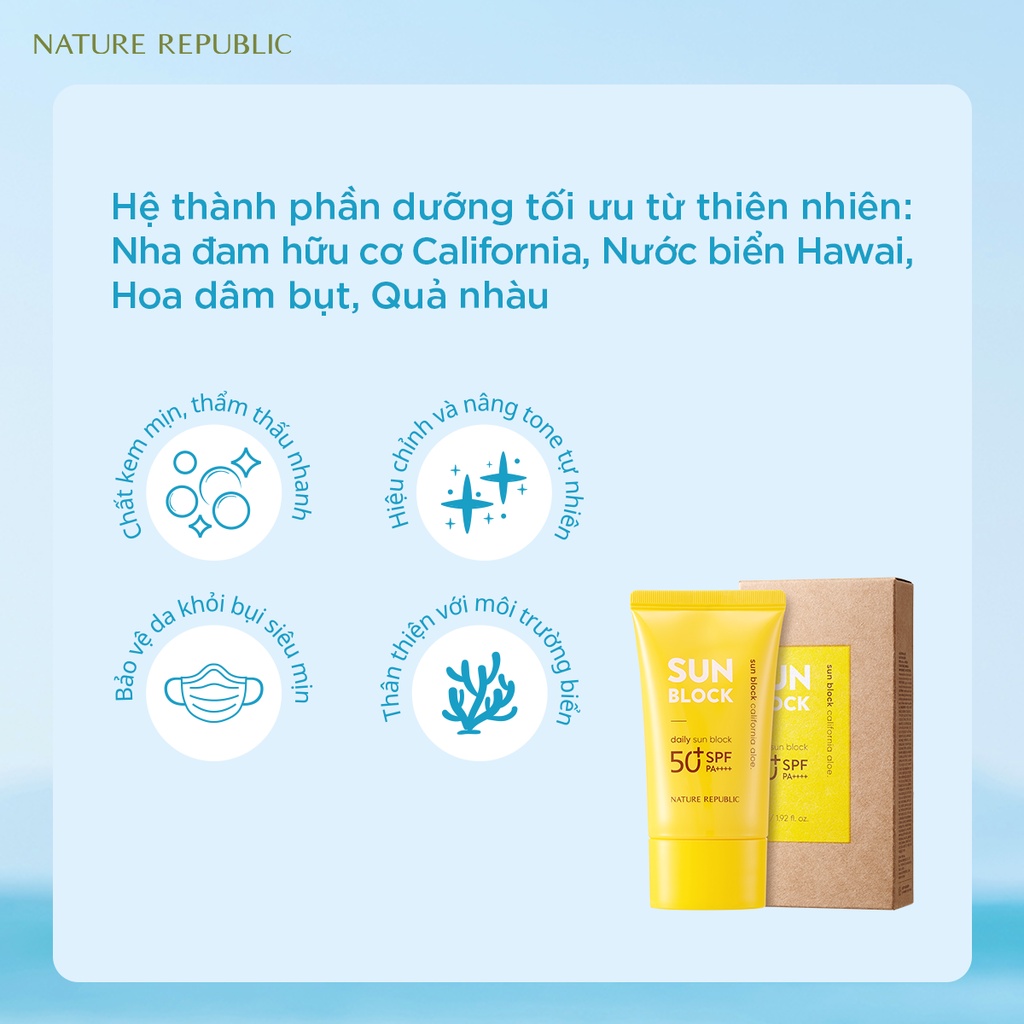 Kem chống nắng nâng tone tự nhiên Nature Republic California Aloe Daily Sun Block SPF50+PA++++ 57ml