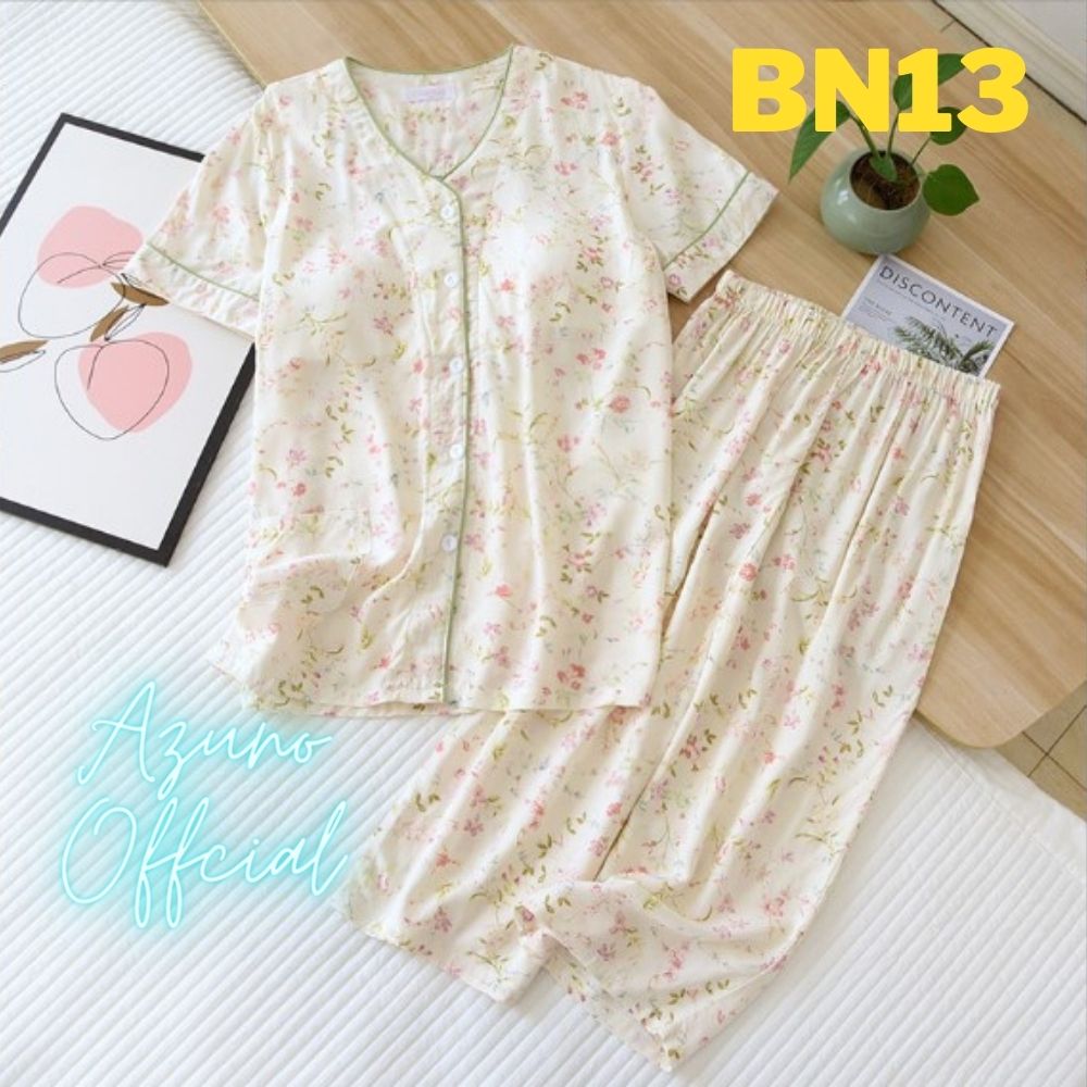 Bộ Đồ Pijama Nữ Mặc Nhà Ngắn Tay Azuno BN0405 Chất Liệu Cotton Lụa Có Lót Ngực Tiện Lợi Cho Mùa Hè