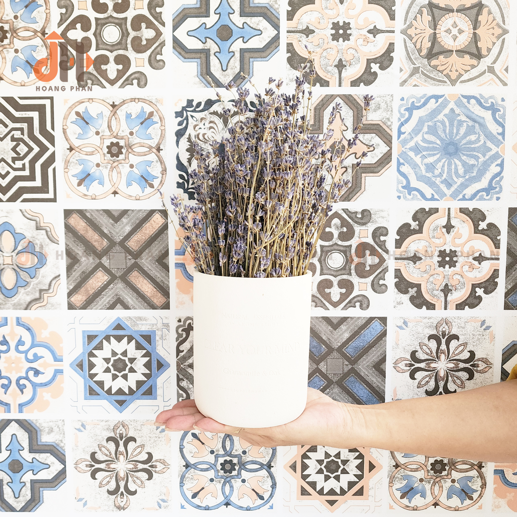 Set bình gốm trắng mộc phối hoa Lavender khô