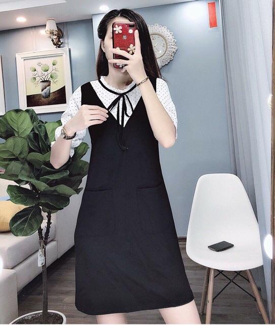 Đầm liền suông phối màu thắt nơ cổ DVCC