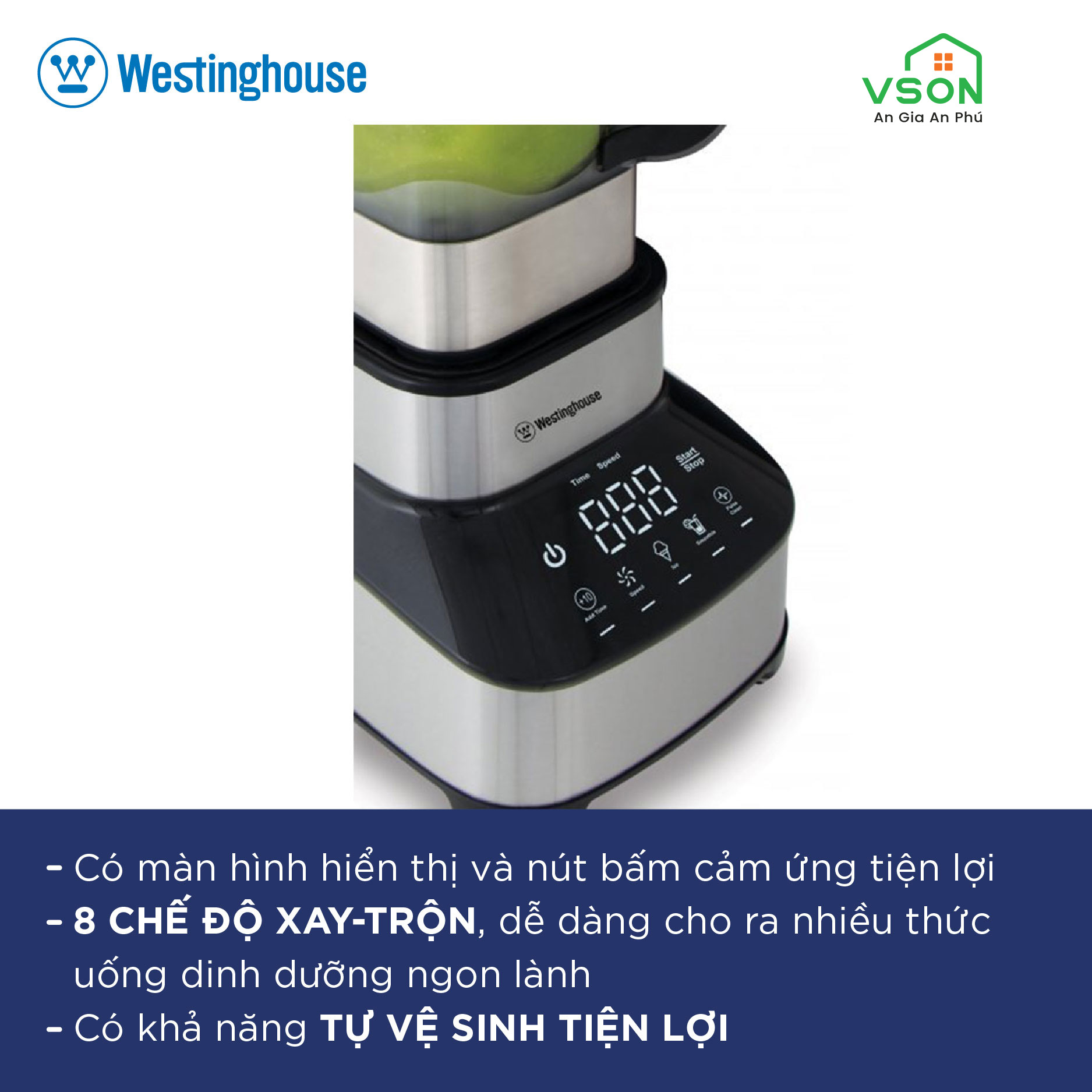 Máy xay sinh tố WestingHouse WKBE688 Màn hình cảm ứng Công suất 1600W Dung tích 1.8L - 8 tốc độ, lưỡi xay thép không gỉ - Hàng chính hãng Mỹ