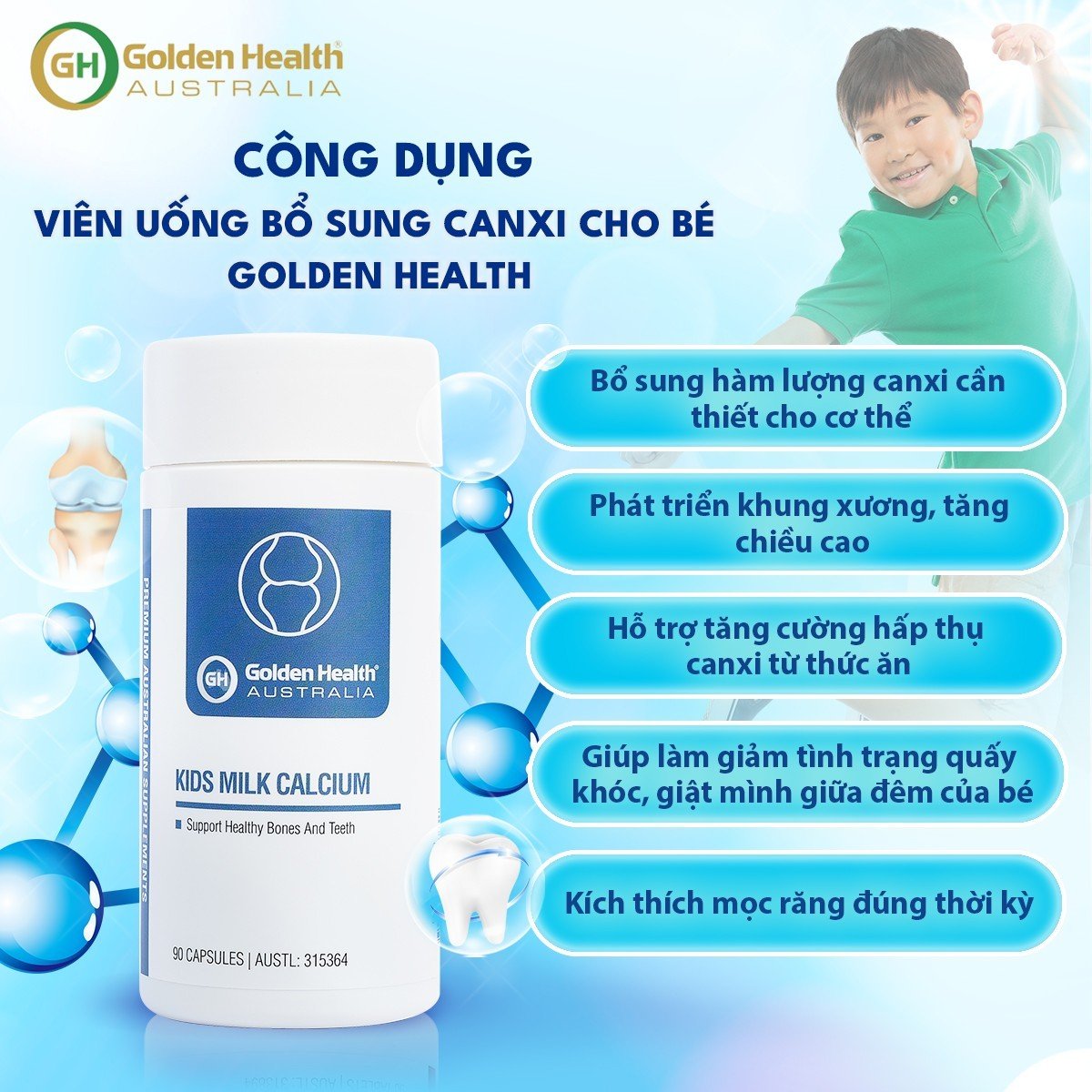 Viên Uống Hỗ Trợ Chắc Xương và Tăng Chiều Cao Cho Bé Golden Health Kids Milk Calcium Hộp 90 viên