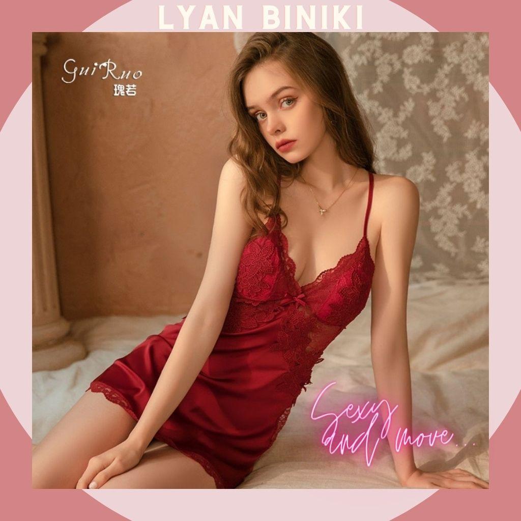 Váy ngủ đầm ngủ lụa Satin 2 dây phối ren rexy gợi cảm LYAN BIKINI L006