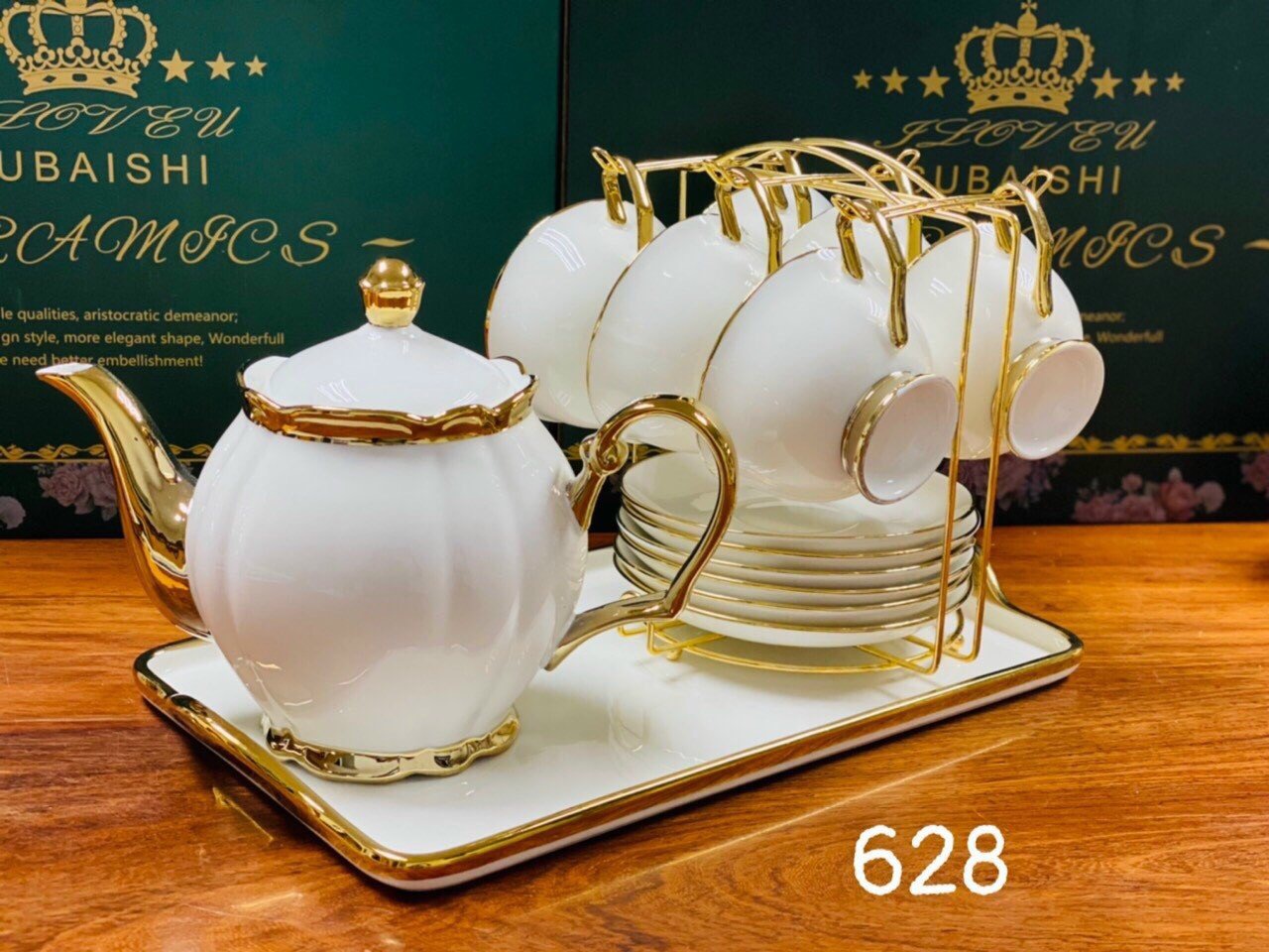Bộ ấm chén sứ khay đựng kèm đĩa núm vàng ngẫu nhiên-AVN32