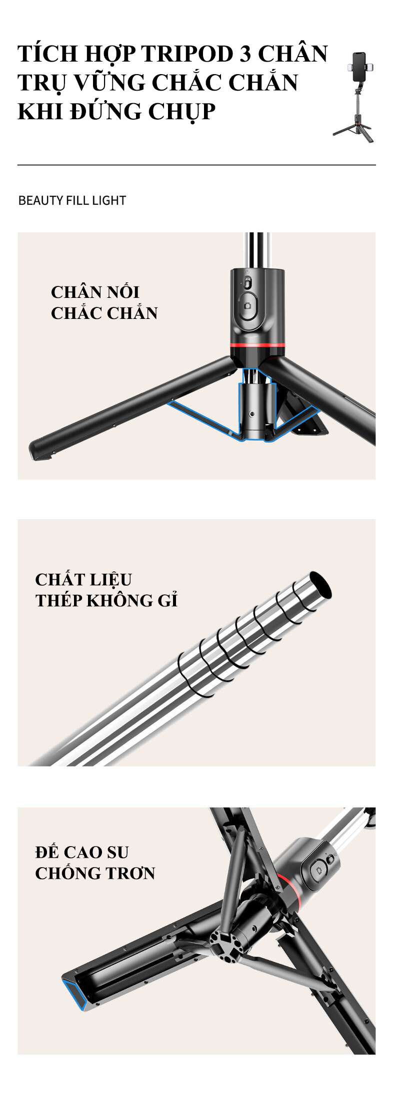 Gậy chụp ảnh selfie gấp gọn tích hợp tripod 3 chân có thể kéo dài đến 1160mm với 2 đèn led hỗ trợ ánh sáng và remote không dây