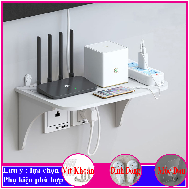 Kệ wifi treo tường, Giá đỡ wifi, đầu kỹ thuật số, modem, máy chiếu, chất liệu gỗ cao cấp màu trắng - a32