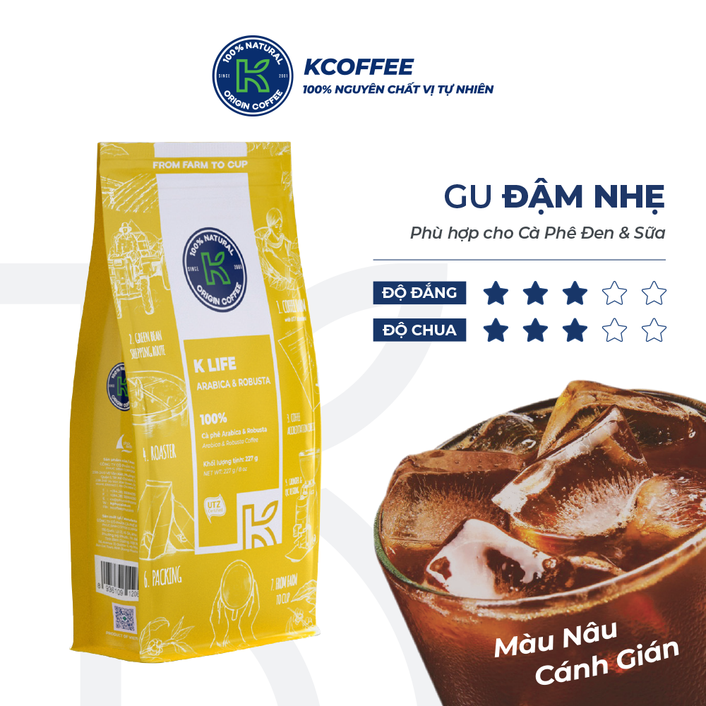Cà phê rang xay 100% nguyên chất Robusta Arabica xuất khẩu K-Life thương hiệu K Coffee