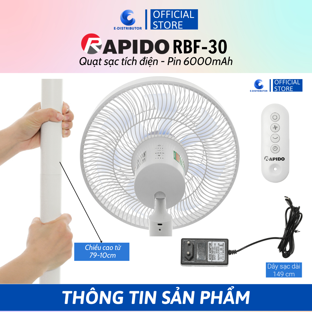 Quạt sạc điện có điều khiển Rapido RBF-30 (Pin 6000mAh) - Hàng chính hãng - Công suất: 30W  - Chế độ gió: Gió thường