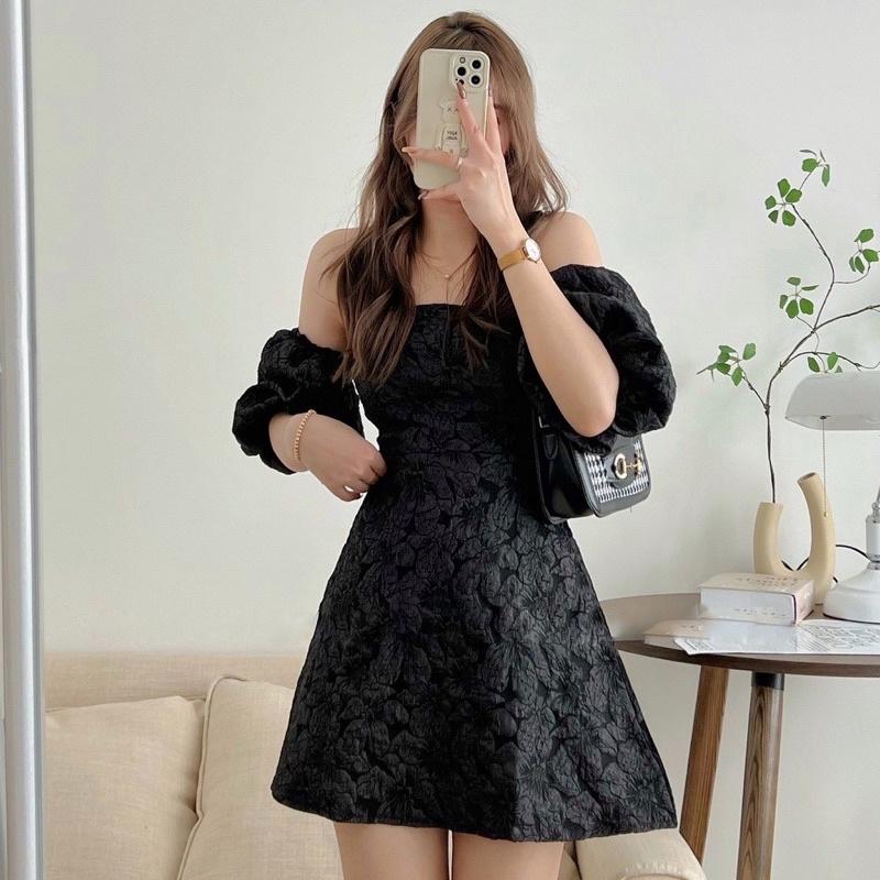 Váy Trễ Vai Xốp Phồng Quảng Châu 2 Màu Đen Trắng, Đầm Dự Tiệc Tiểu Thư Xinh Xắn