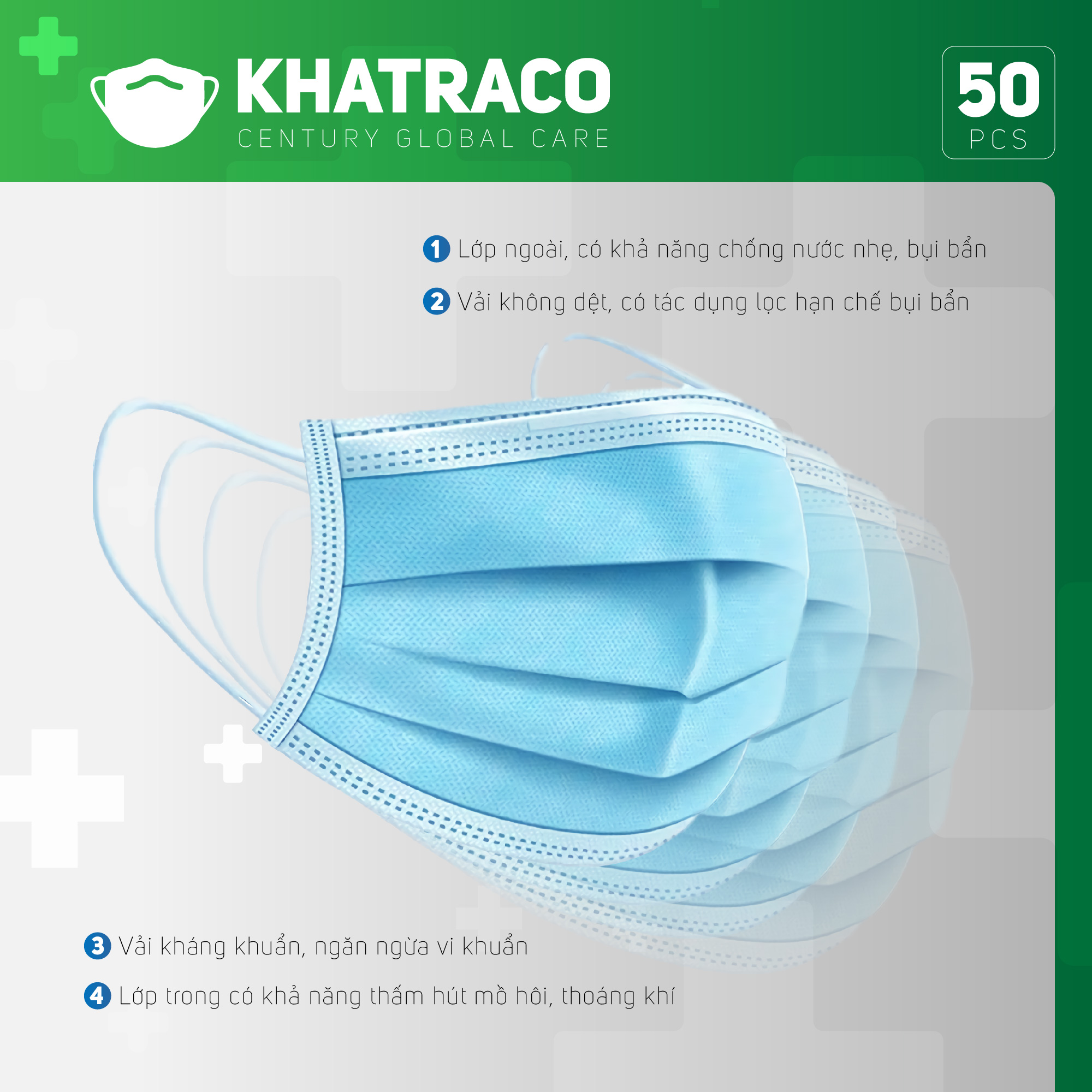 Khẩu trang y tế kháng khuẩn 4 lớp Khatraco Medimask hộp 50 chiếc đạt tiêu chuẩn FDA,CE quốc tếkhẩu trang kháng khuẩn 4 lớp dành cho người lớn,khẩu trang 4 lớp mềm mại có vải kháng khuẩn ngăn ngừa bụi bẩn,vi khuẩn sử dụng 1 lần