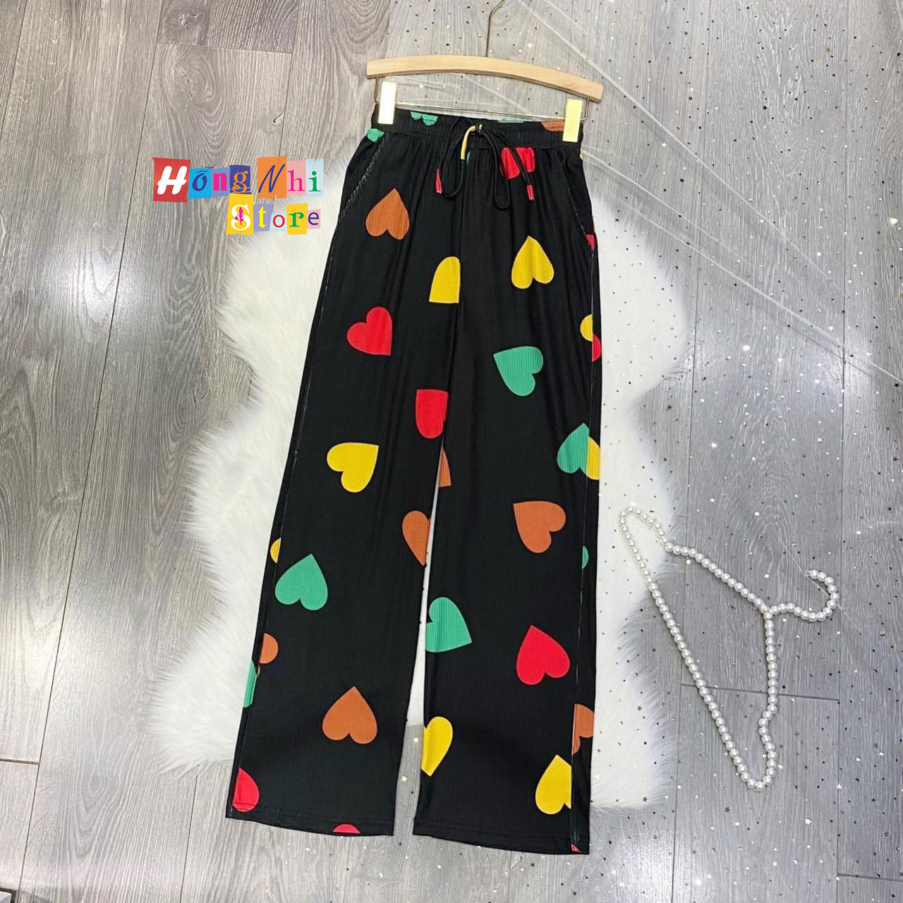 Quần Thun Gân 3D Dài Ống Rộng Hoạt Hình Lưng Thun Culottes Ulzzang Dáng Rộng - MM