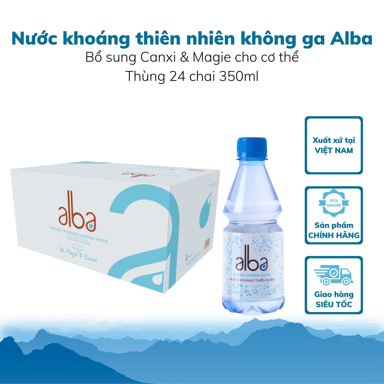 Thùng 24 chai Nước khoáng thiên nhiên ALBA không gas PET 350ml