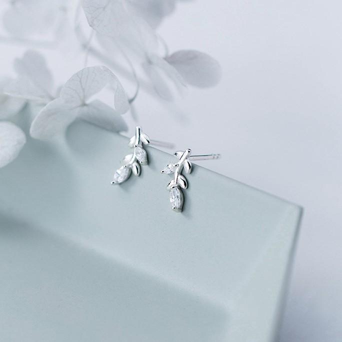 Khuyên tai bông tai nữ bạc s925 cao cấp chiếc lá đan xen đính đá Cá jewelry KB41