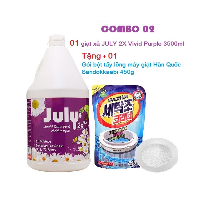 Combo 01 nước giặt xả Thái Lan July 2X Vivid Purple 3500ml + 01 gói tẩy lồng máy giặt Hàn Quốc 450g