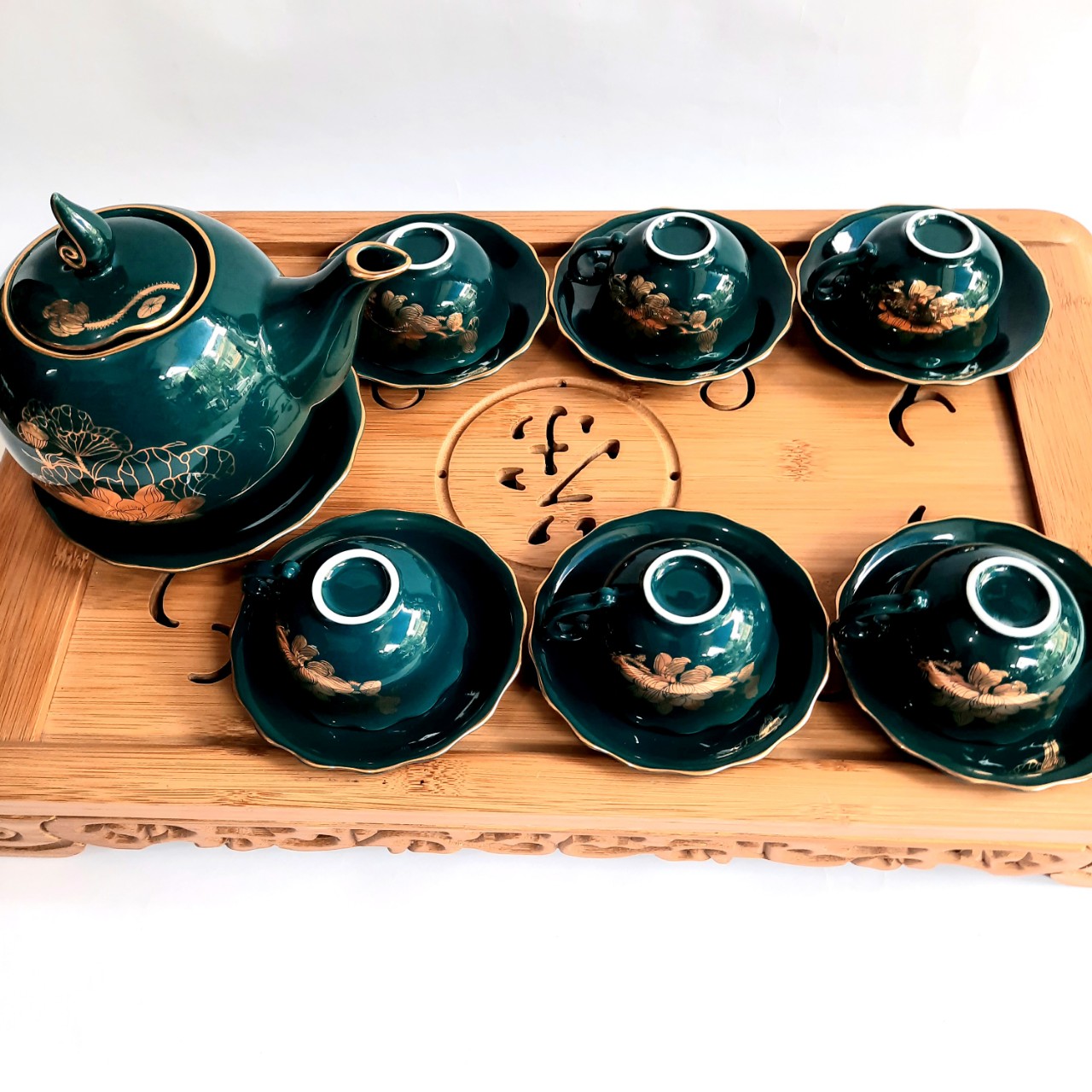 Bộ ấm chén Bát Tràng cao cấp phú quý Mallard màu xanh Arctic họa tiết hoa sen vẽ vàng 24k