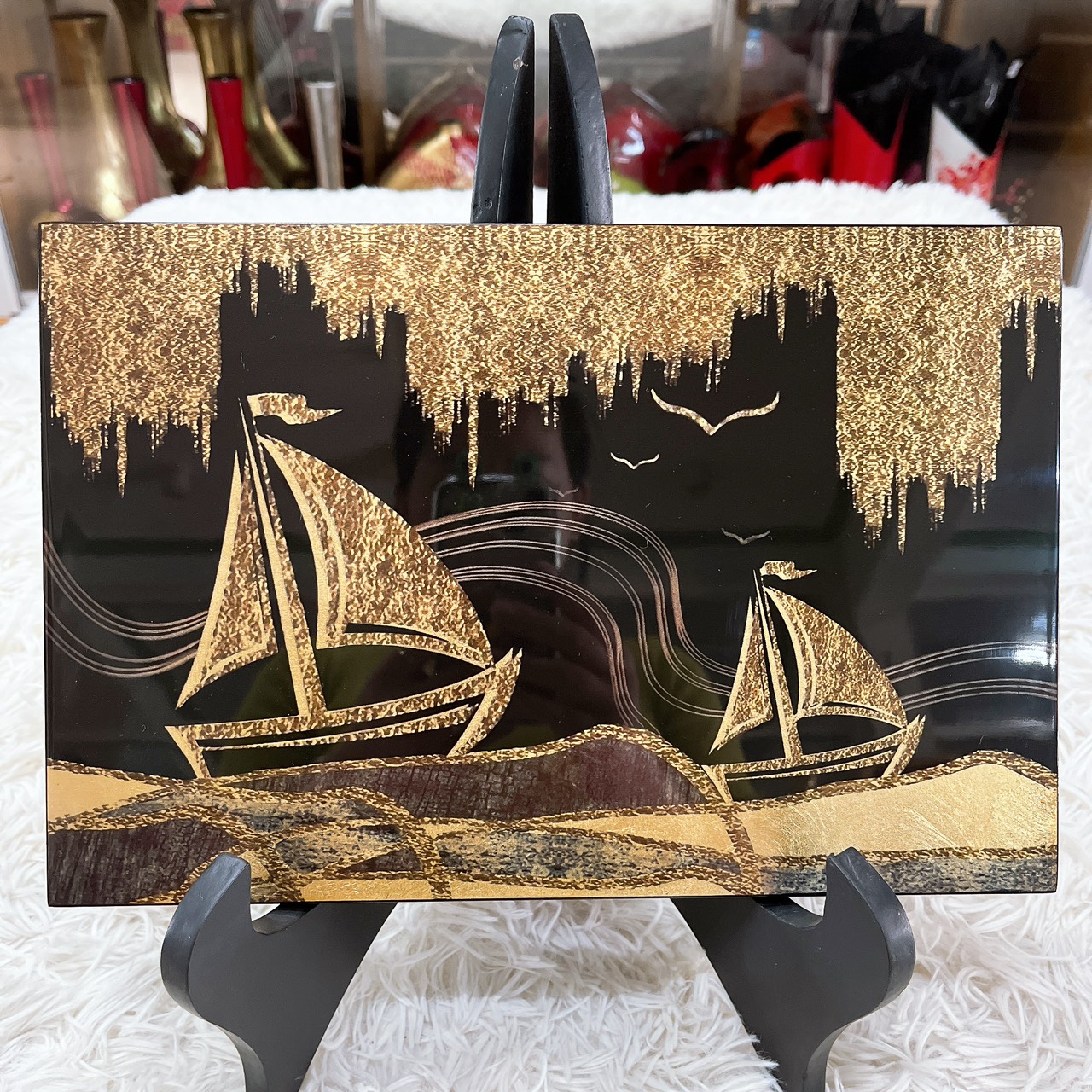 Tranh sơn mài Thanh Bình Lê thuận buồm xuôi gió dát vàn size 20x30 cm