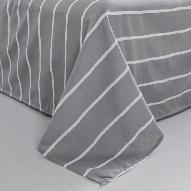 Bộ chăn ga gối cotton fly Hàn quốc họa tiết kẻ xám