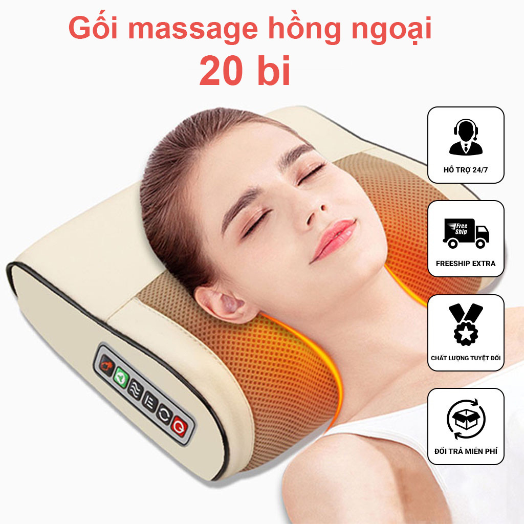 Gối massage cổ vai gáy, máy massage hồng ngoại 16 bi cao cấp