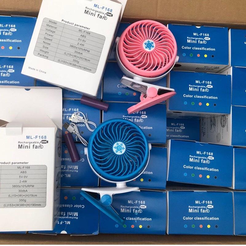Quạt Mini Có Chân Kẹp Sạc Pin Tích Điện F168 , Xoay 360 Độ , 3 Tốc Độ Gió, Màu Sắc Đa Dạng Sử Dụng An Toàn
