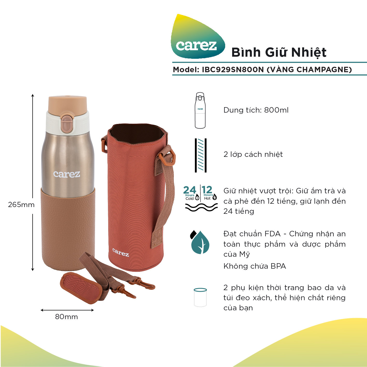 Bình Giữ Nhiệt Carez B203DWIBC929SN800N - 800ml - INOX 304, không chứa BPA - Giử nóng 12 giờ và giữ lạnh đến 24 giờ - Hàng chính hãng