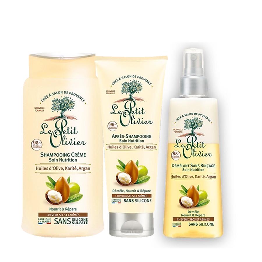 Bộ 3 sản phẩm phục hồi tóc hư tổn chiết xuất Dầu Argan, Bơ Hạt Mỡ, Dầu Olive Le petit Olivier (Dầu gội, Dầu Xả và Xịt Dưỡng Tóc)