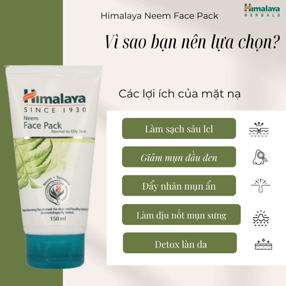 Mặt Nạ Đất Sét Lá Neem Đẩy Mụn Ẩn Hút Dầu Thừa Himalaya Neem Face Pack 150ml