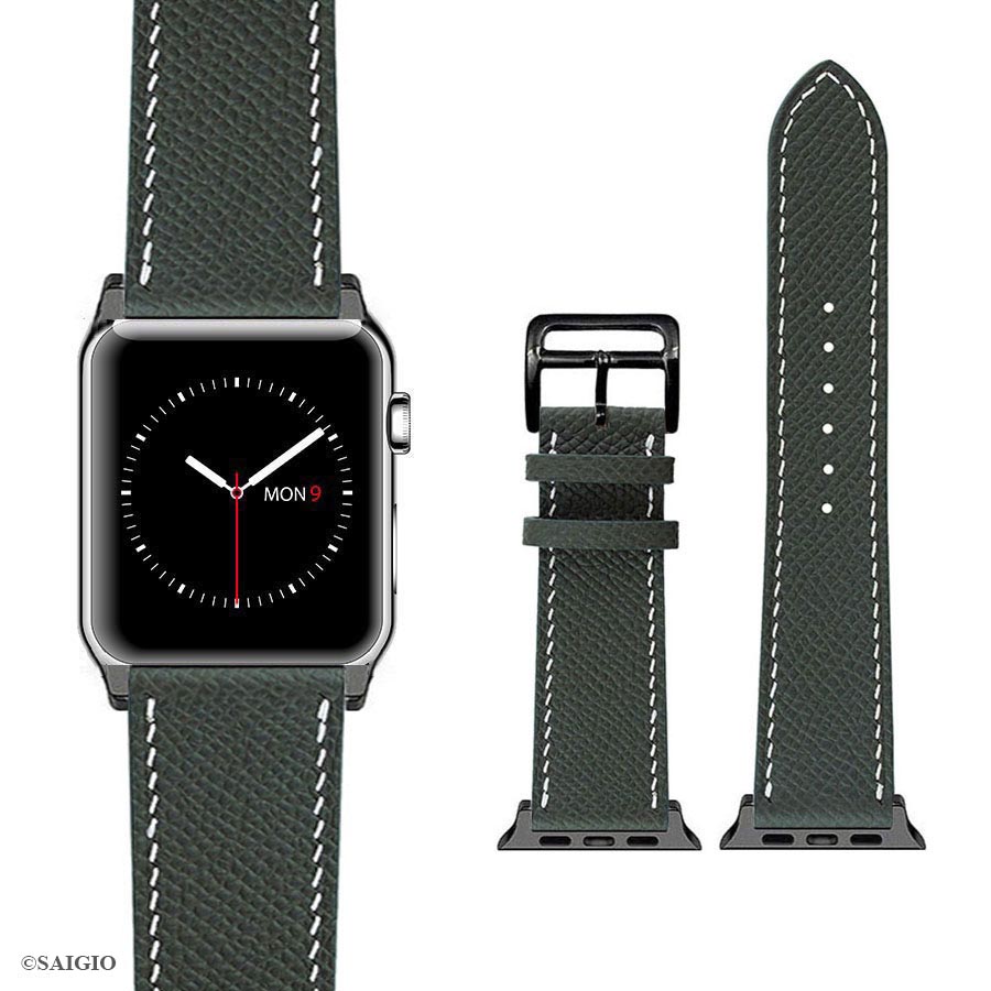 Dây Đồng Hồ Apple Watch 41mm 40mm 38mm, Chất Liệu Da Bê EPSOM Thảo Mộc Cao Cấp, Nhập Khẩu Từ Châu Âu, Dây Đeo Phong Cách Hiện Đại và Sang Trọng, Tương Thích Các Phiên Bản Series 8/7/6/5/4/3/2/1/SE/SE2 - Xanh Midnight/Chỉ Trắng - ADAPTER BẠC