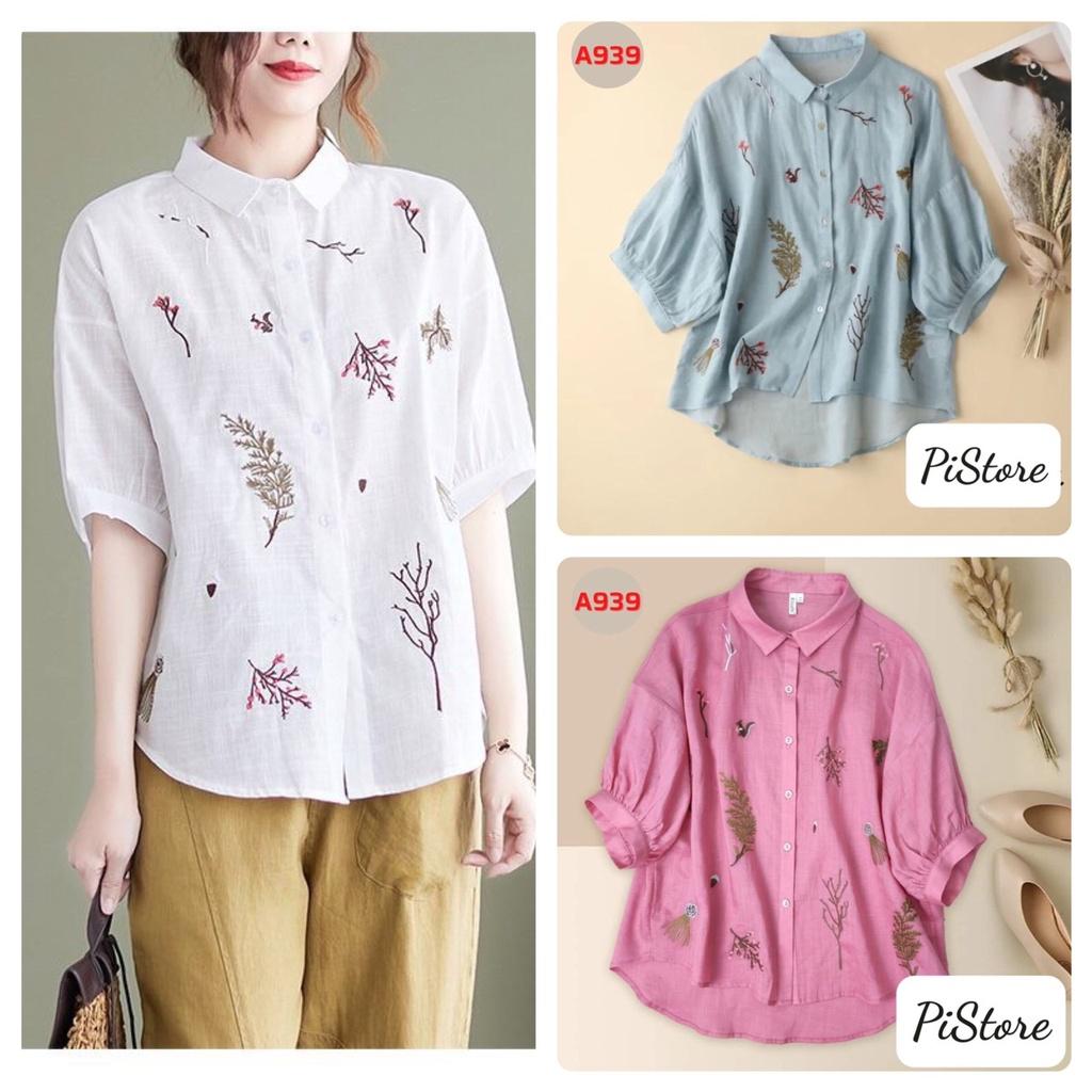 ️Có Big Size️ Áo Sơ Mi Đũi Thêu Hoa Trẻ Trung, Mẫu Áo Kiểu Nữ Thêu Hoa Tay Lỡ Form Rộng Bigsize