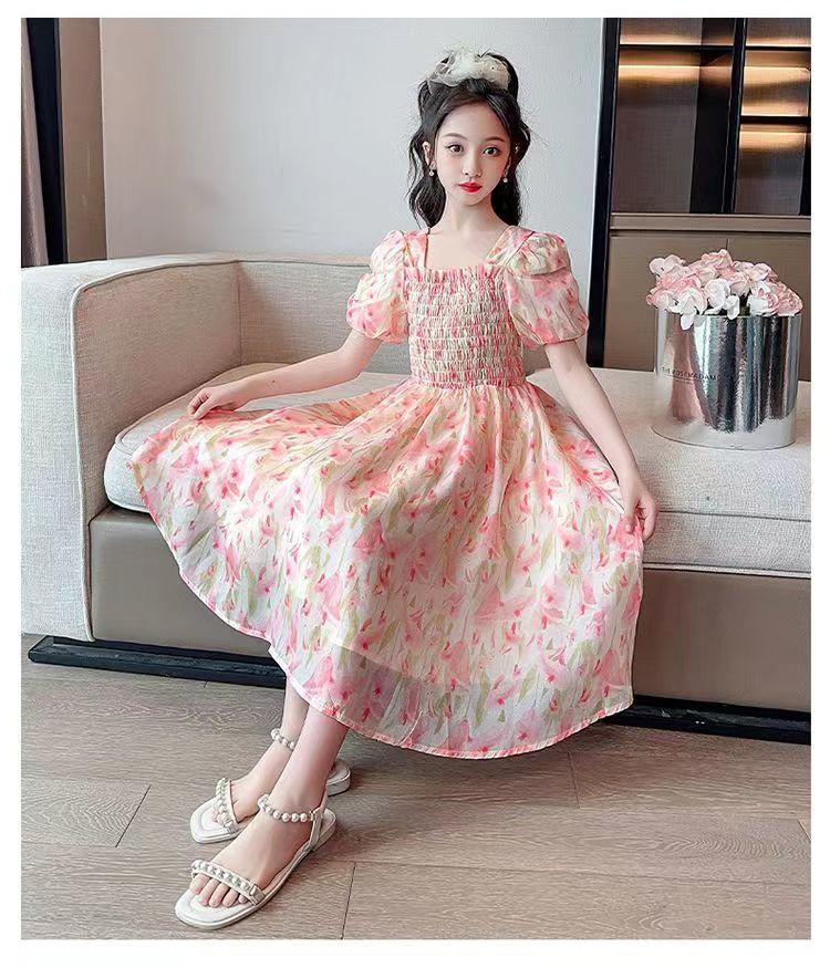 SHUANGYAN Cô gái váy mùa hè phong cách phương Tây 2023 Big Boy mùa hè váy chiffon mùa hè cô gái mảnh hoa mối tình đầu váy