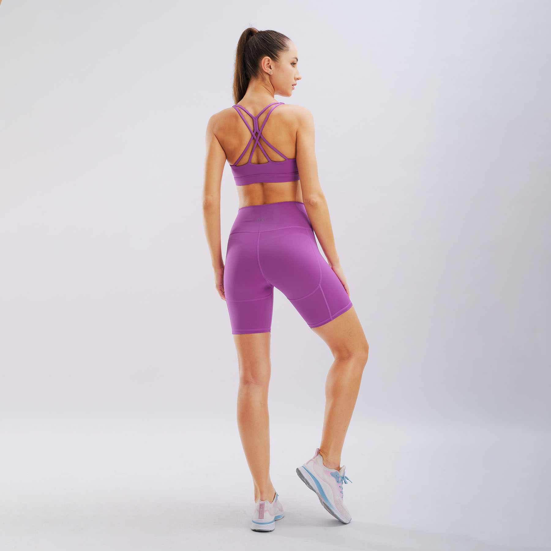 Set đồ tập yoga gym Luxury Hibi Sports H143, quần đùi lưng cao màu Tím kèm mút ngực, vải cao cấp Lu Fabric