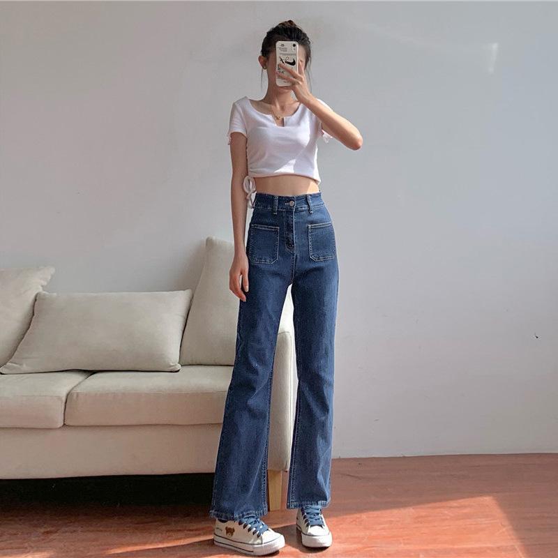 MS937 Quần jeans nữ cạp cao 2 túi trước ống loe hack dáng chân dài - Xanh