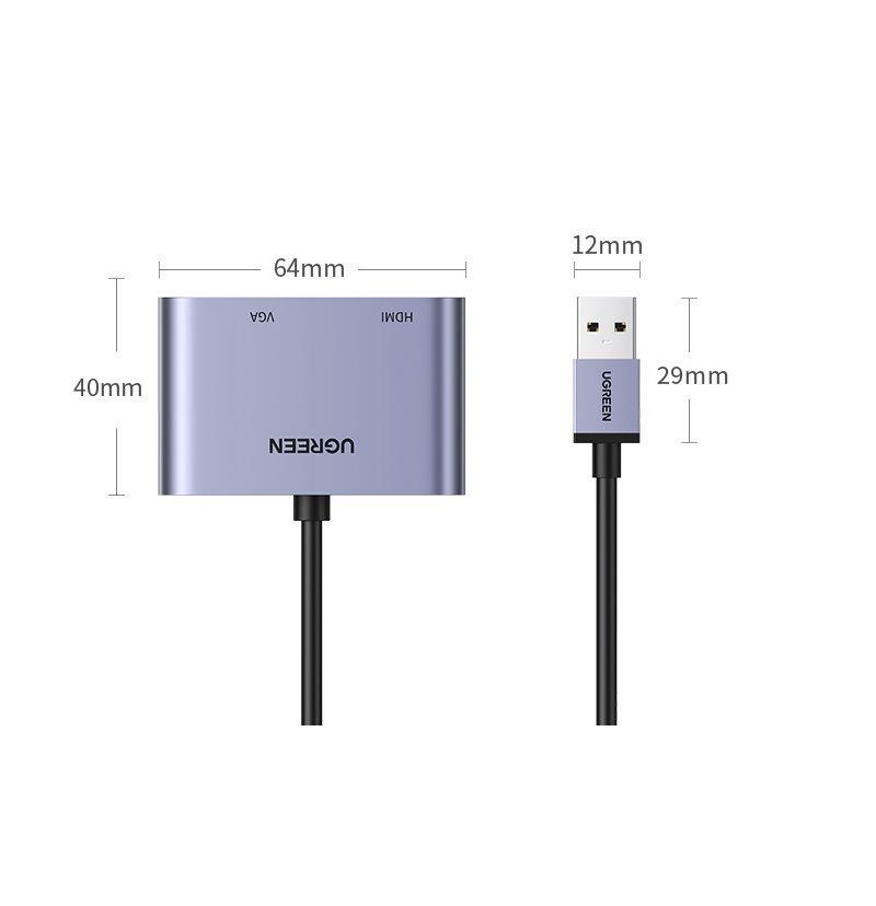 Ugreen UG20518CM449TK 15CM Cáp chuyển đổi USB 3.0 sang HDMI + VGA 1080P/60Hz vỏ nhôm - HÀNG CHÍNH HÃNG