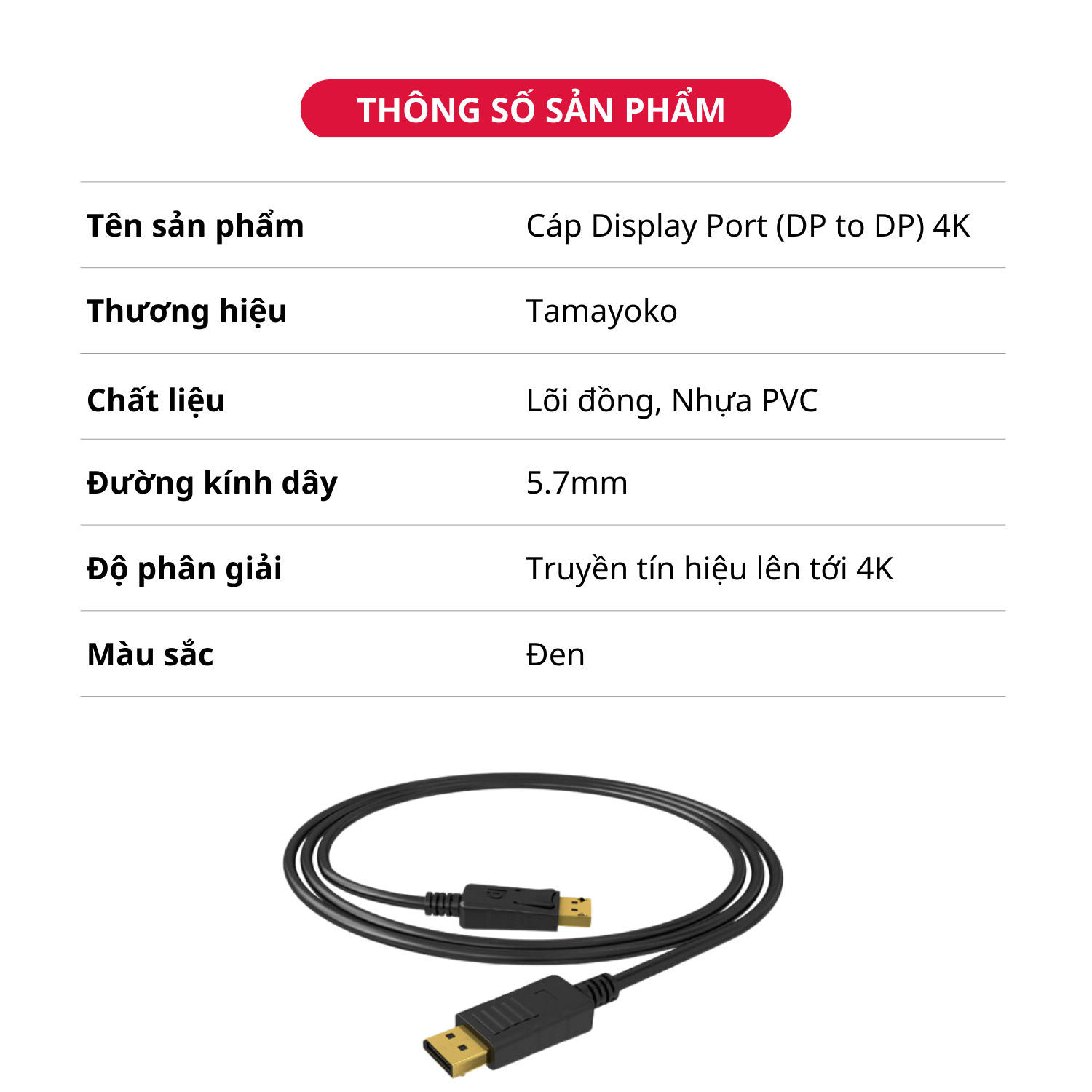 Dây Cáp Displayport 1.2 4K60Hz DP to DP Dài 1.8m - Hàng Chính Hãng Tamayoko